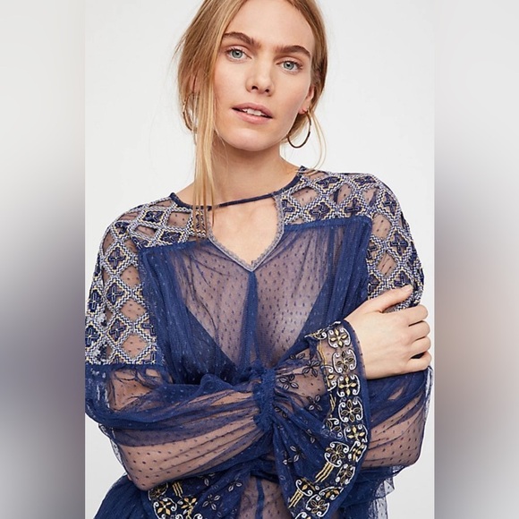 FREE PEOPLE NAVY BLUE EMBROIDERED MESH JOYRIDE SHEER TOP Sz Medium - Picture 3 of 16